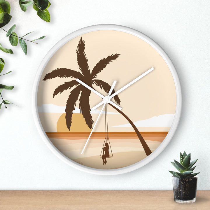 Boho Coastal Wall Clock (10 Inch) | Silent Movement Palm Tree Swing Decor