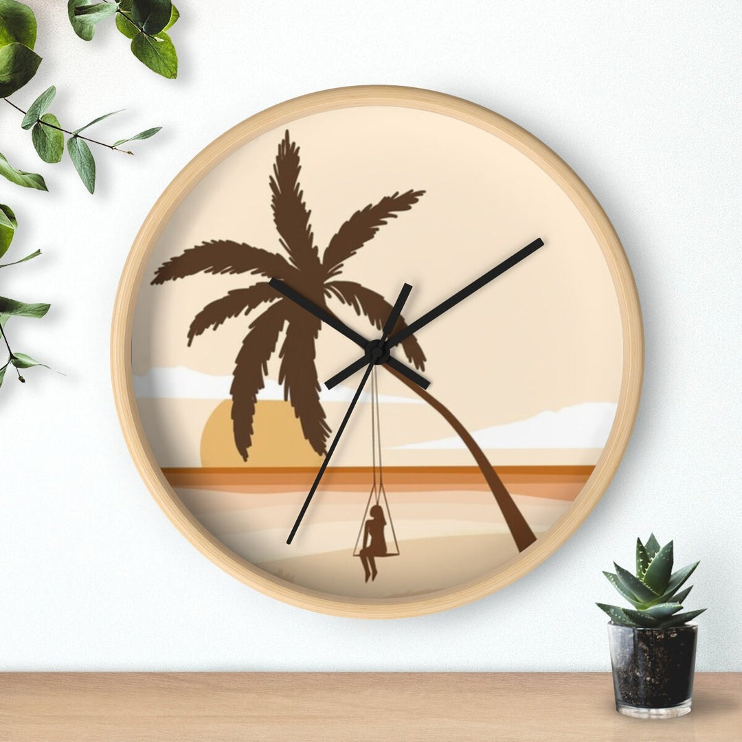 Boho Coastal Wall Clock (10 Inch) | Silent Movement Palm Tree Swing Decor