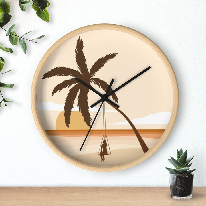 Boho Coastal Wall Clock (10 Inch) | Silent Movement Palm Tree Swing Decor