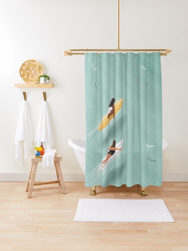 Boho Shower Curtain - Coastal Beach Design With Surfing Girls In Neutral Colors