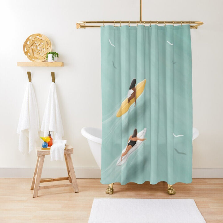 Boho Shower Curtain - Coastal Beach Design With Surfing Girls In Neutral Colors