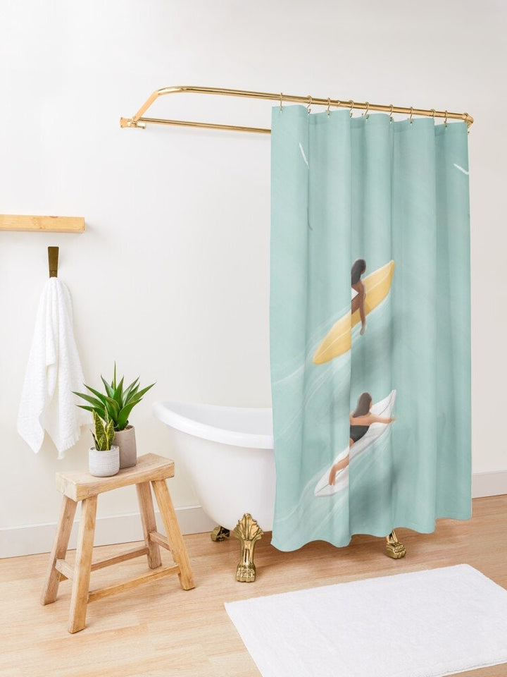 Boho Shower Curtain - Coastal Beach Design With Surfing Girls In Neutral Colors