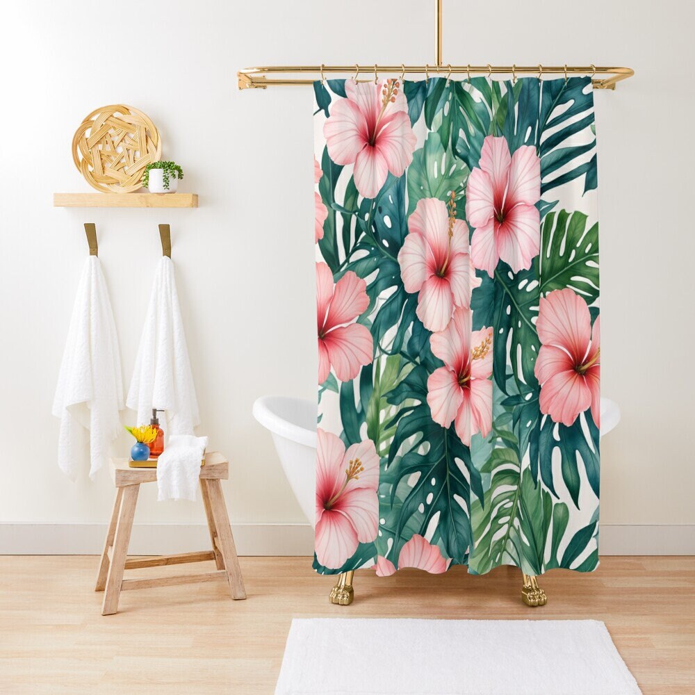Waikiki Garden Vintage Hawaiian Shower Curtain | Tropical Floral Print Waterproof Decor