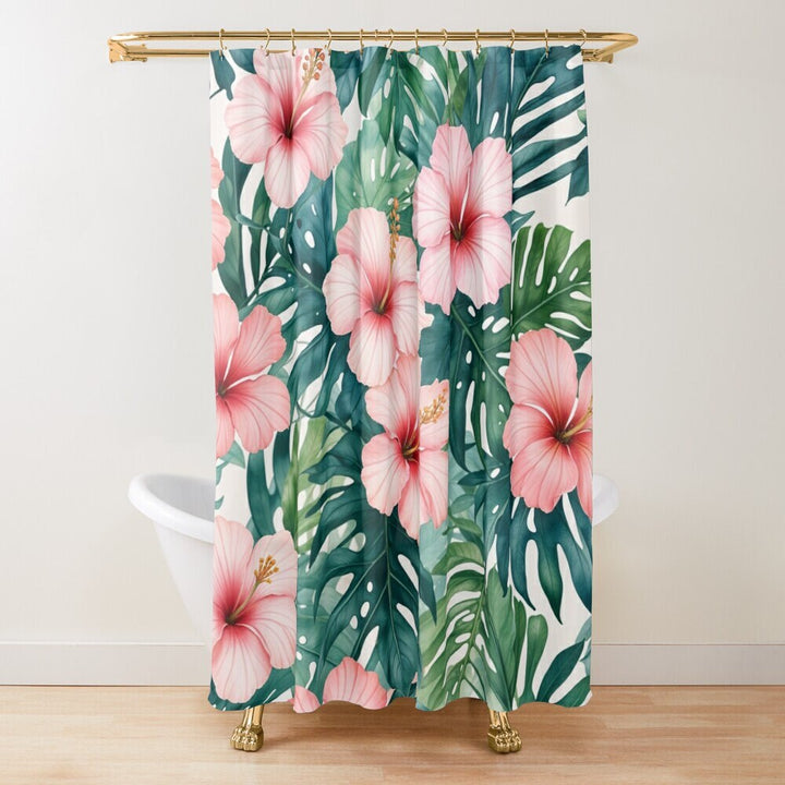 Waikiki Garden Vintage Hawaiian Shower Curtain | Tropical Floral Print Waterproof Decor