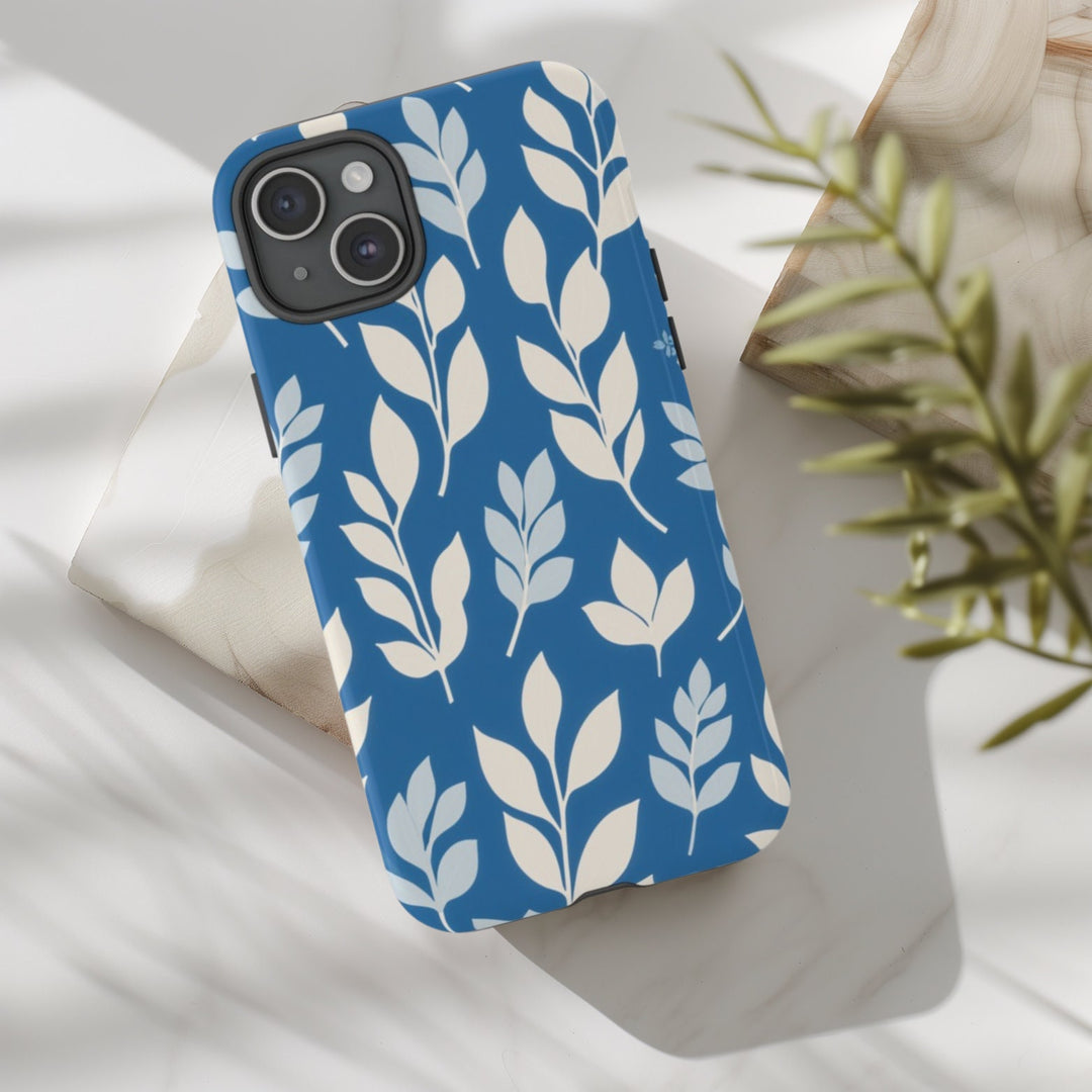 Matisse Style Phone Case – Tough Dual Layer Phone Case With Blue White Tropical Leaves