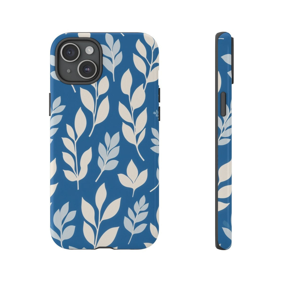 Matisse Style Phone Case – Tough Dual Layer Phone Case With Blue White Tropical Leaves