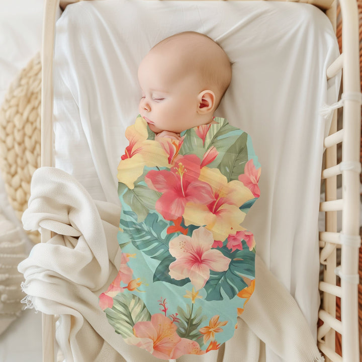 Leilani Baby Swaddle Blanket | Soft Jersey Polyester Vintage Hawaiian Hibiscus