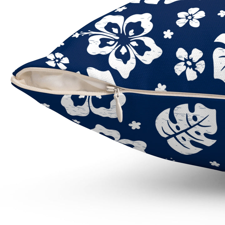 Waimea Bay Navy & White Throw Pillow | Vintage Tropical Floral Cushion