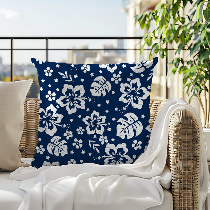 Waimea Bay Navy & White Throw Pillow | Vintage Tropical Floral Cushion