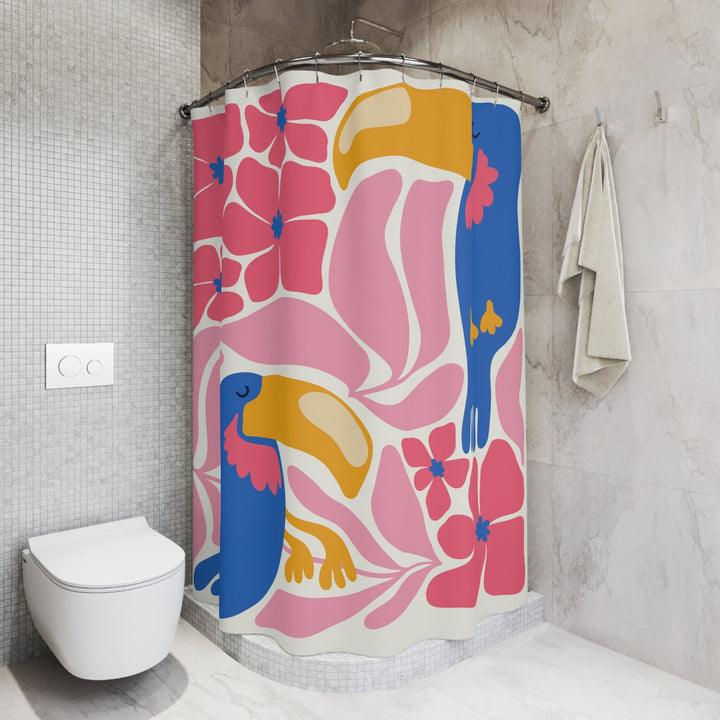 Tropical Toucan Shower Curtain 71"x74" | Vibrant Matisse-Inspired Floral Decor
