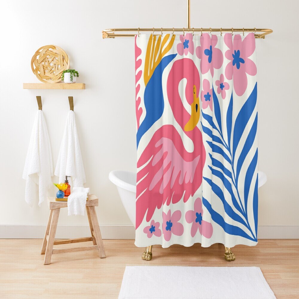 Pink Flamingo Shower Curtain - Tropical Bathroom Decor | Waterproof Polyester