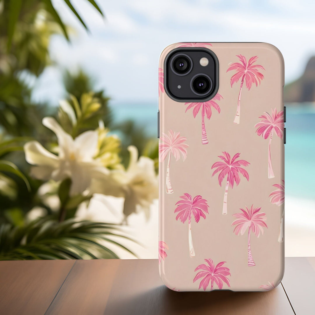 a phone case with a pink palm tree pattern,