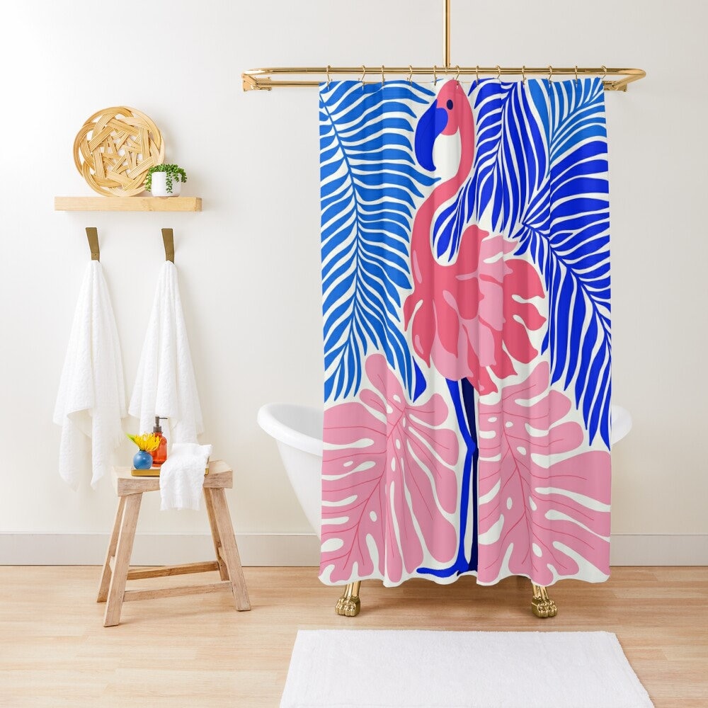 Pink Flamingo Shower Curtain - Tropical Bathroom Decor | Waterproof Polyester
