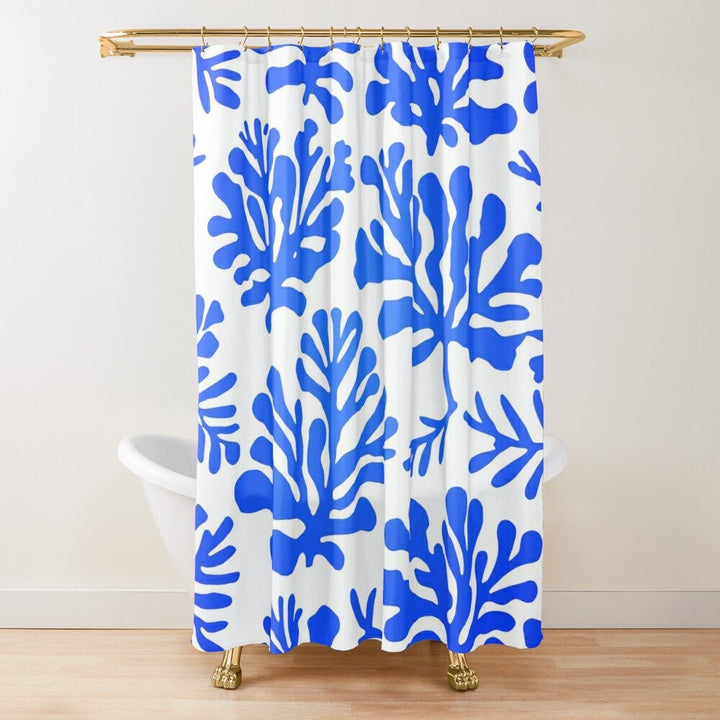 Abstract Coral Shower Curtain 71"x74" | Matisse Inspired Blue White Waterproof Decor