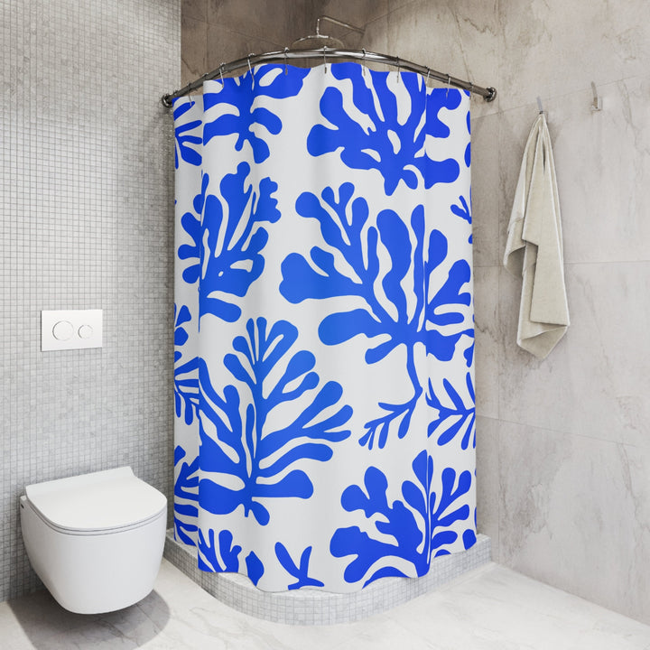 Abstract Coral Shower Curtain 71"x74" | Matisse Inspired Blue White Waterproof Decor