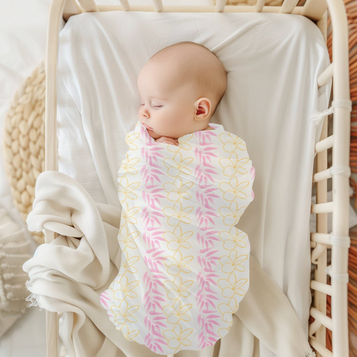 Plumeria Lei Baby Swaddle Blanket | Soft Jersey Polyester Tropical Floral Wrap for Newborns