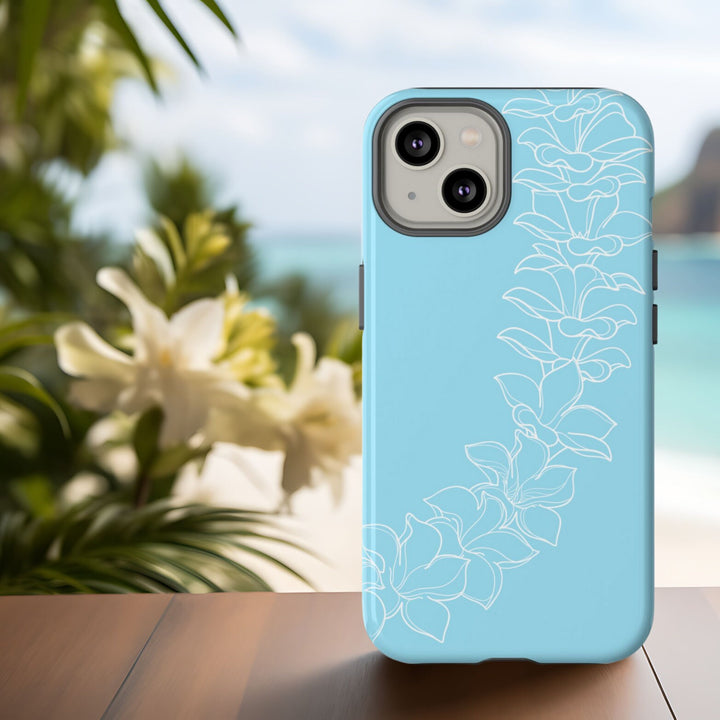 A blue phone case with a Hawaiian white flower lei floral design
