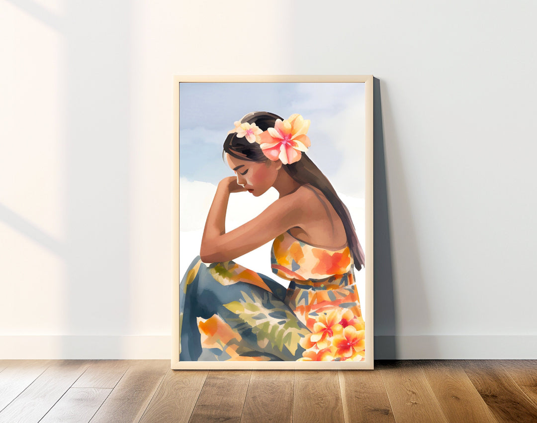 A framed painting depicting a beautiful island style woman in a colorful floral dress, with a flower crown in her hair,