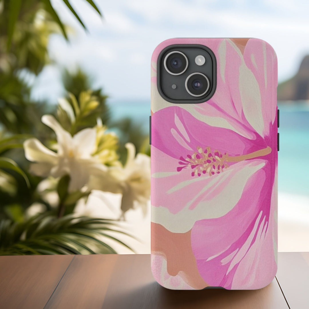 A pink and white floral hibiscus phone case