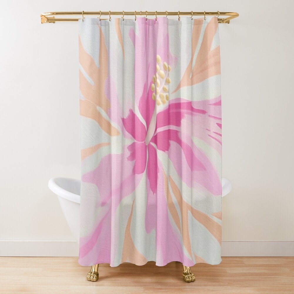 A shower curtain with a large, abstract floral design in shades of pink, orange, and white.