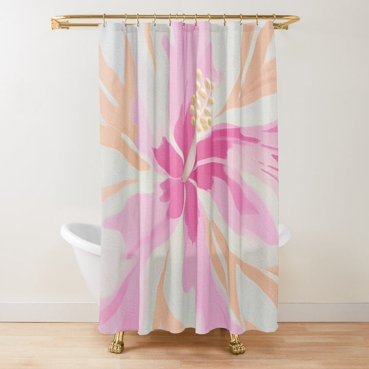 A shower curtain with a large, abstract floral design in shades of pink, orange, and white.