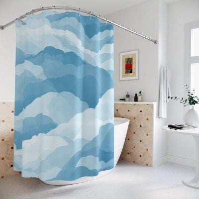 Cloud Shower Curtain | Blue White Boho Minimalist Bath Curtain for Bathroom Makeover