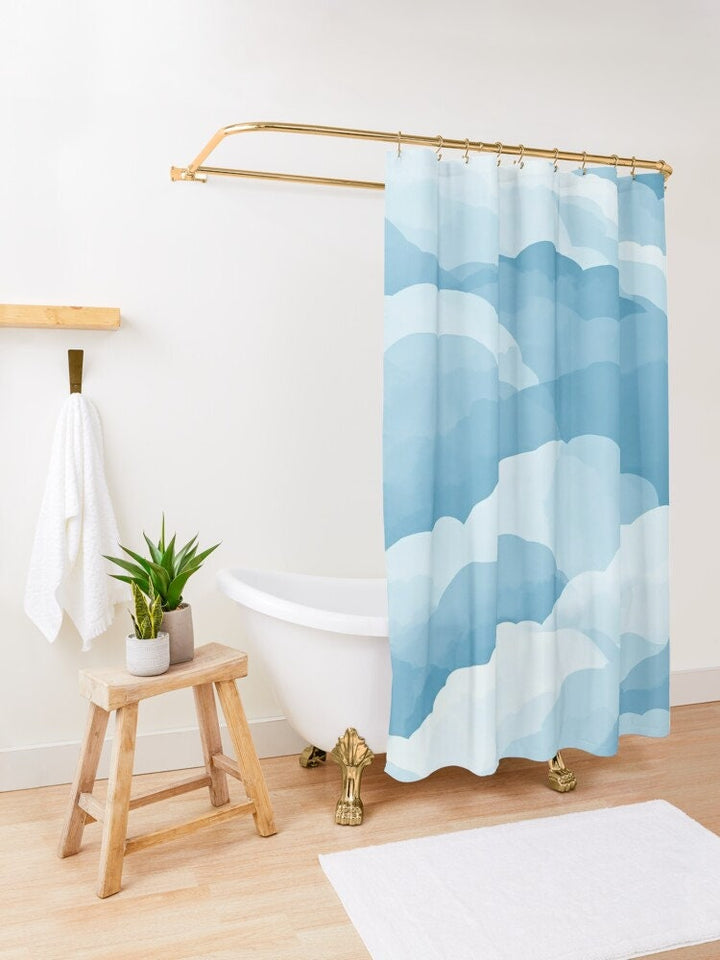 Cloud Shower Curtain | Blue White Boho Minimalist Bath Curtain for Bathroom Makeover