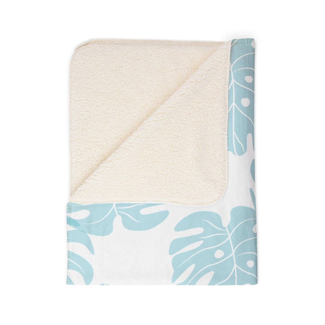 Waimea Bay Sherpa Fleece Throw Blanket | Blue Monstera Print
