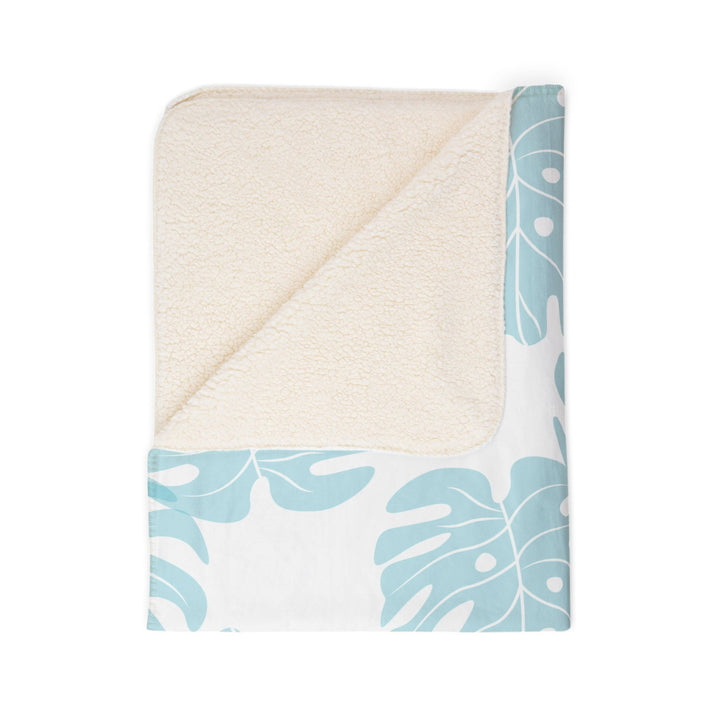 Waimea Bay Sherpa Fleece Throw Blanket | Blue Monstera Print