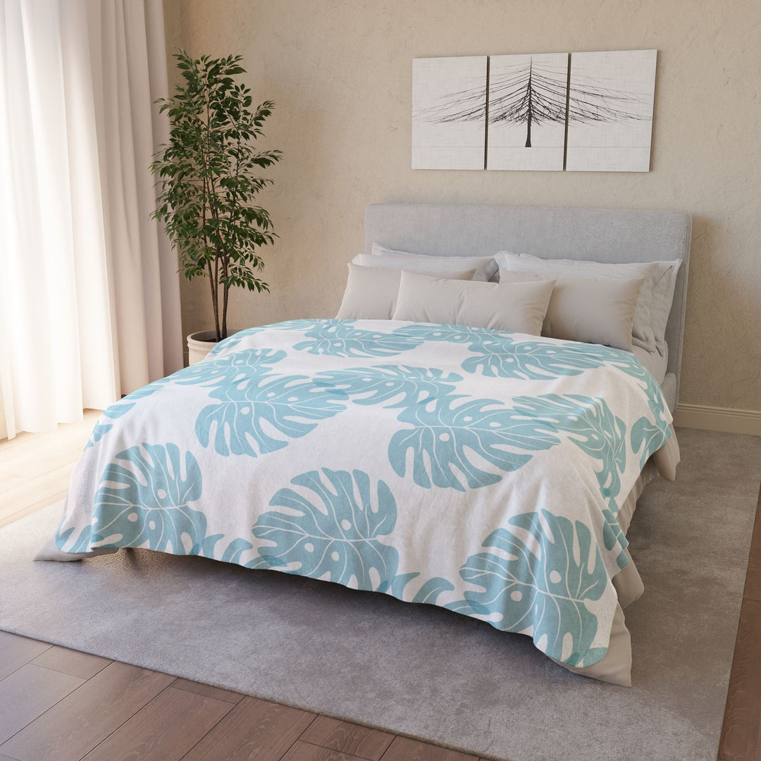 Waimea Bay Sherpa Fleece Throw Blanket | Blue Monstera Print