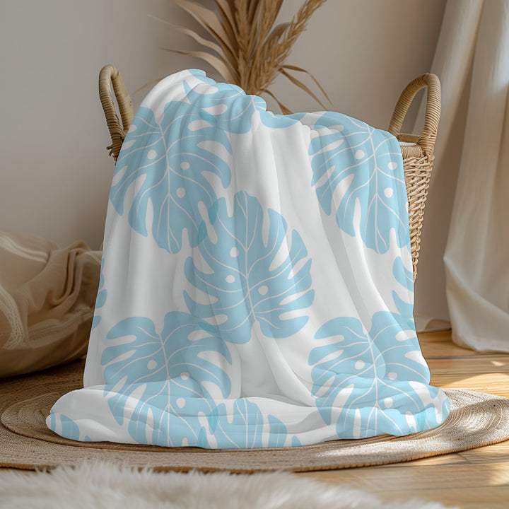 Waimea Bay Sherpa Fleece Throw Blanket | Blue Monstera Print