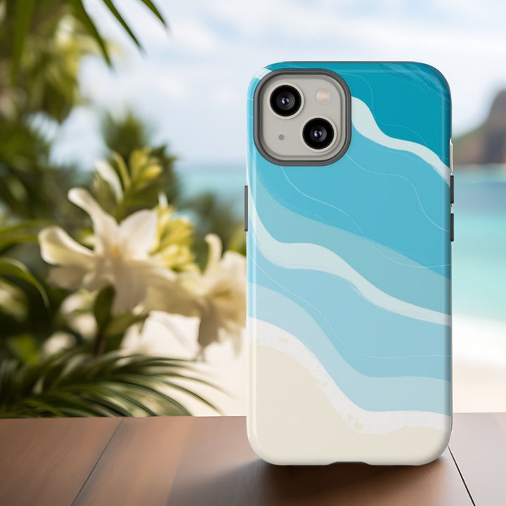 a smartphone case with a blue and white wave-like pattern