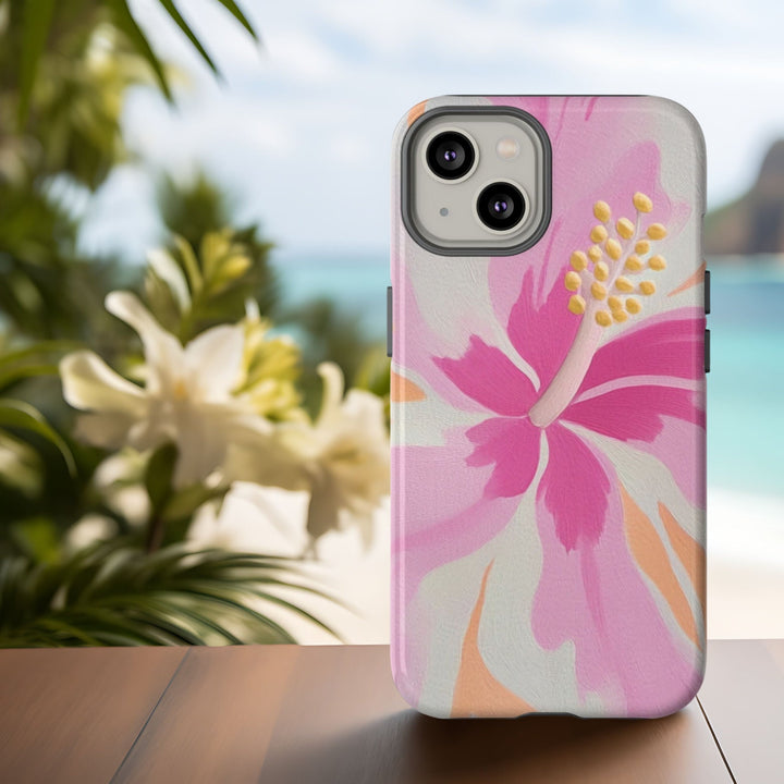 A smartphone case with a vibrant floral hibiscus design