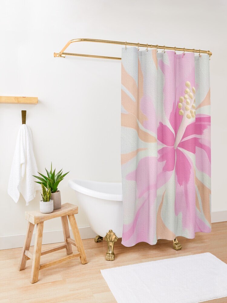 Hawaiian Hibiscus Shower Curtain - Waterproof Floral Bath Curtain | Tropical Bathroom Decor