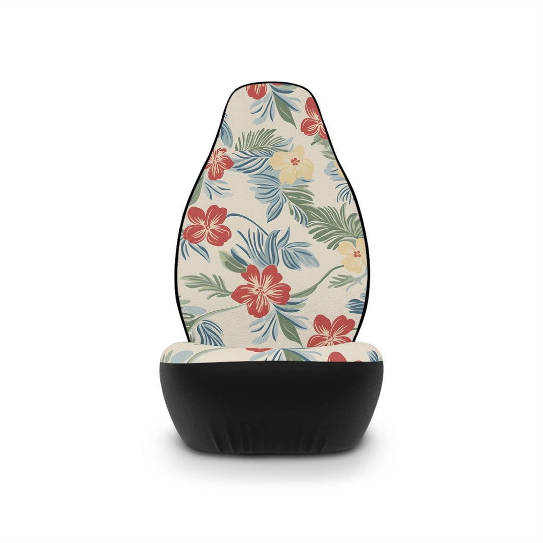 Close-up of vintage Hawaiian hibiscus print on Little Aloha Co car seat cover