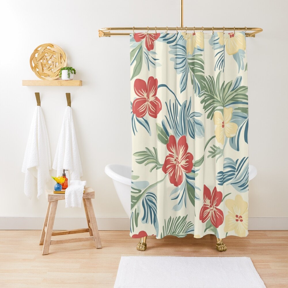 Vintage Hawaiian Shower Curtain – Tropical Floral Waterproof Polyester Curtain