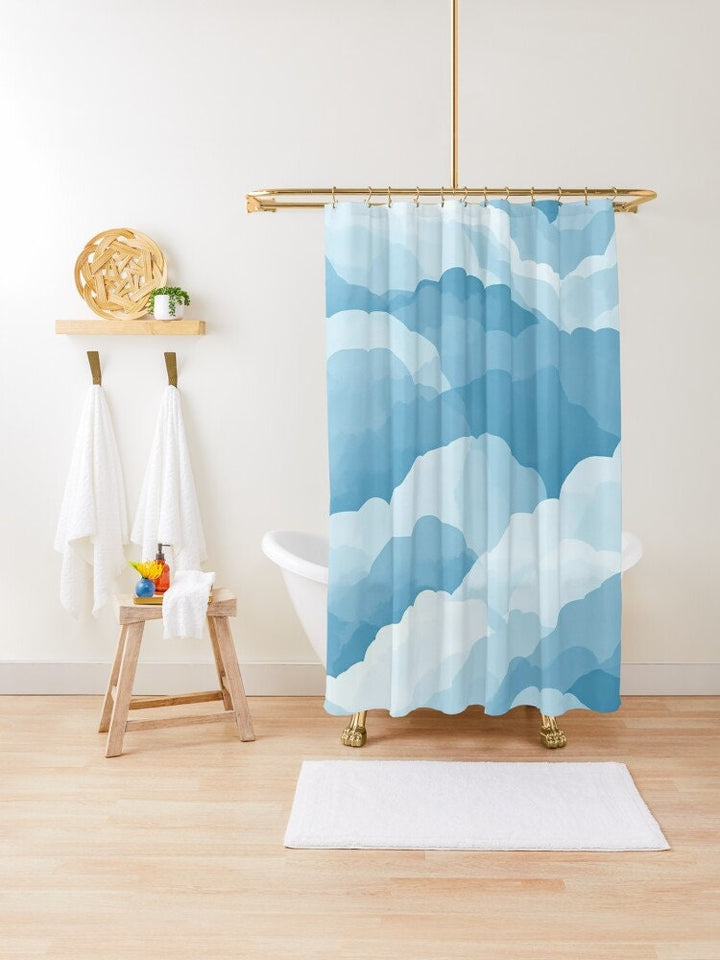 Cloud Shower Curtain | Blue White Boho Minimalist Bath Curtain for Bathroom Makeover