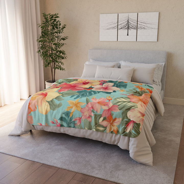 Honolulu Sherpa Fleece Throw Blanket | Tropical Hibiscus Print