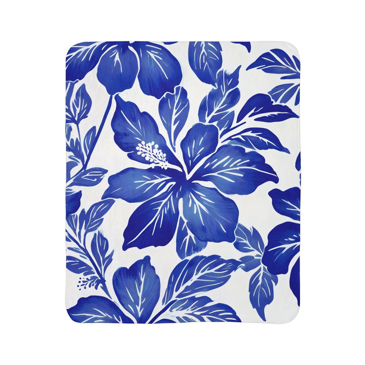 Bokissa Navy Blue Hibiscus Sherpa Fleece Throw Blanket