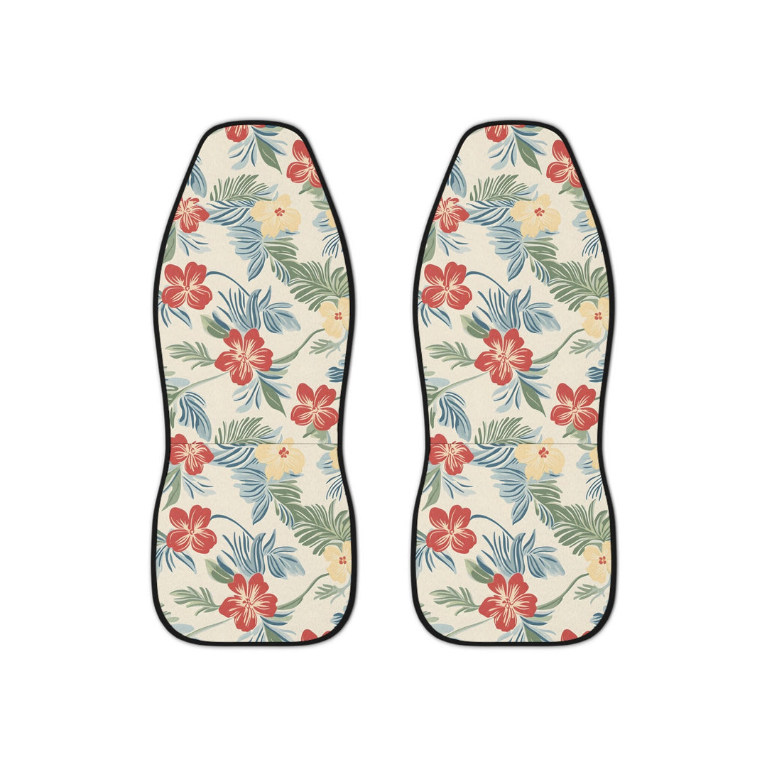 Pair of Hawaiian vintage hibiscus car seat covers fitted on bucket seats