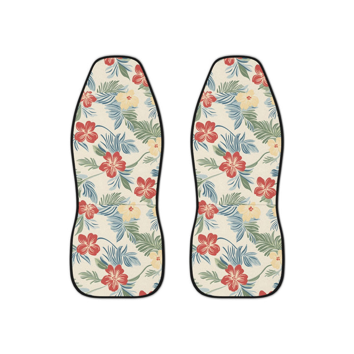 Pair of Hawaiian vintage hibiscus car seat covers fitted on bucket seats