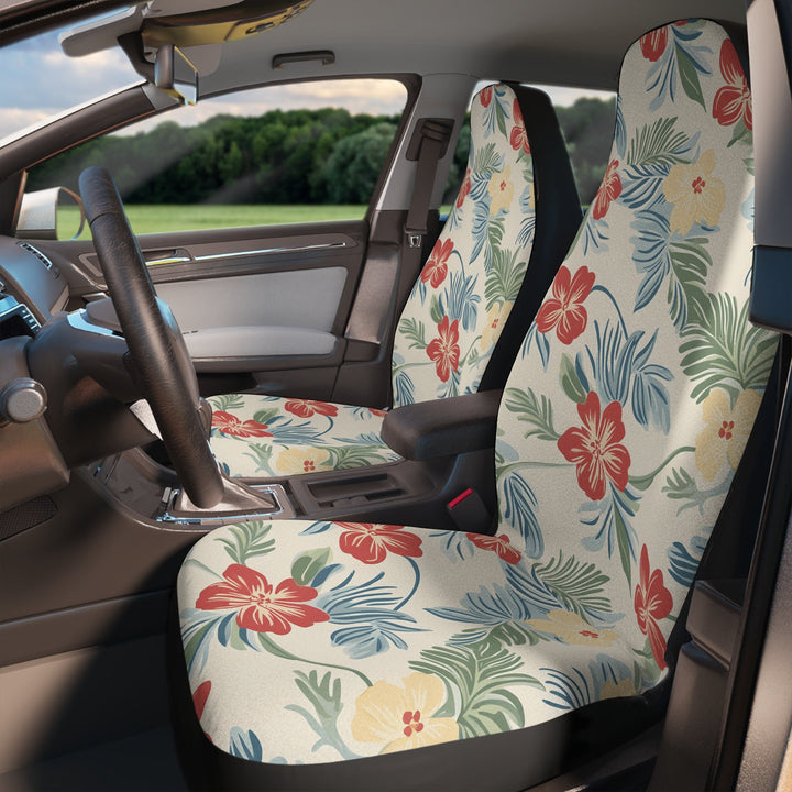 Lanikai car seat covers with heavenly hibiscus print in vehicle interior