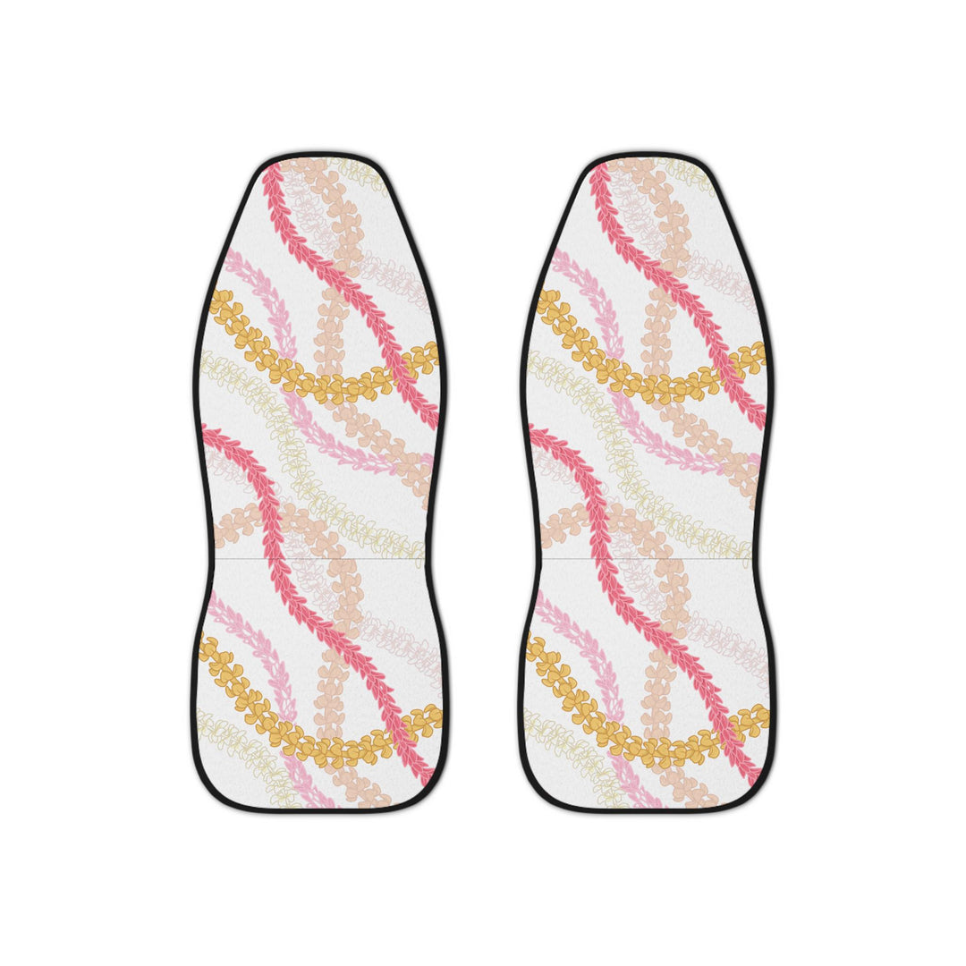 Close-up of Hawaiian flower lei pattern with sea turtle and coral motifs on Little Aloha Co Hanalei Bay seat covers