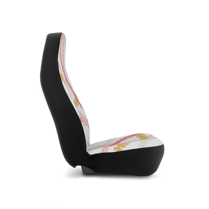 Side angle of flower lei print car seat cover showing elastic fastening