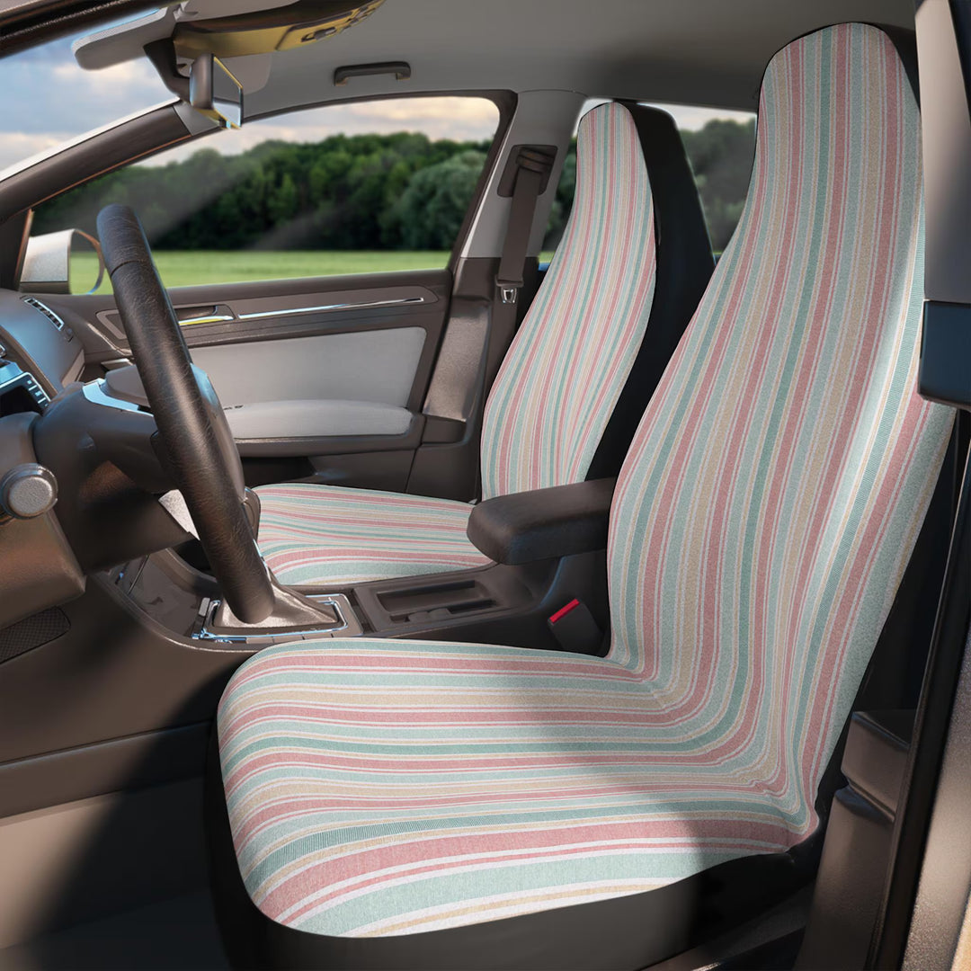 Close-up of pink, peach, and yellow pastel stripe pattern on Little Aloha Co St Tropez seat covers