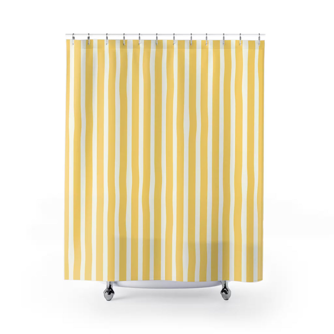 St Tropez Yellow Stripe Shower Curtain, French Riviera Coastal Bathroom Decor