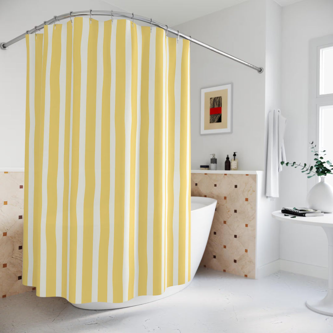 St Tropez Yellow Stripe Shower Curtain, French Riviera Coastal Bathroom Decor