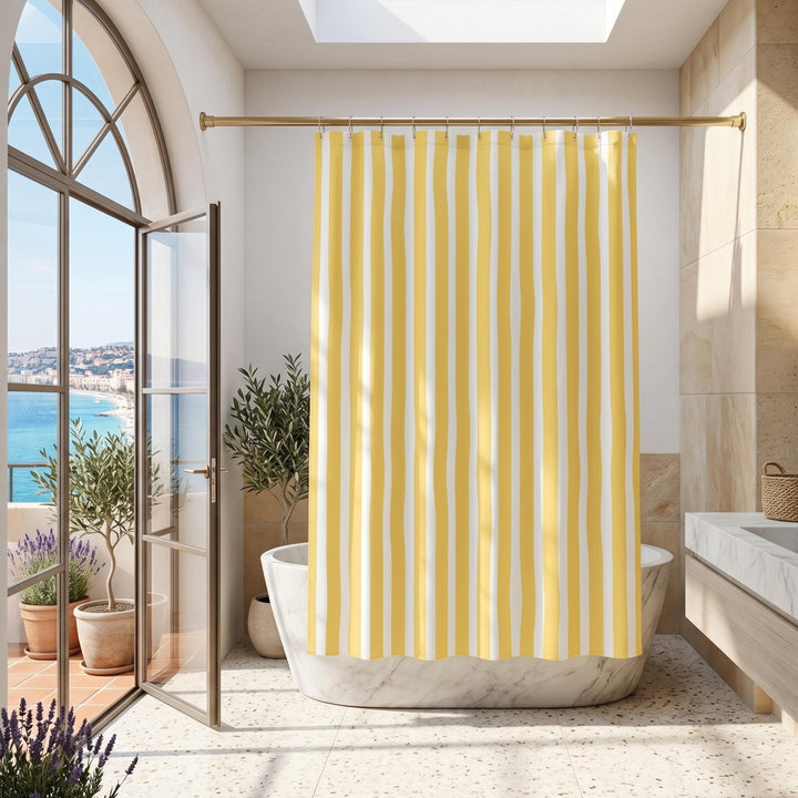 St Tropez Yellow Stripe Shower Curtain, French Riviera Coastal Bathroom Decor