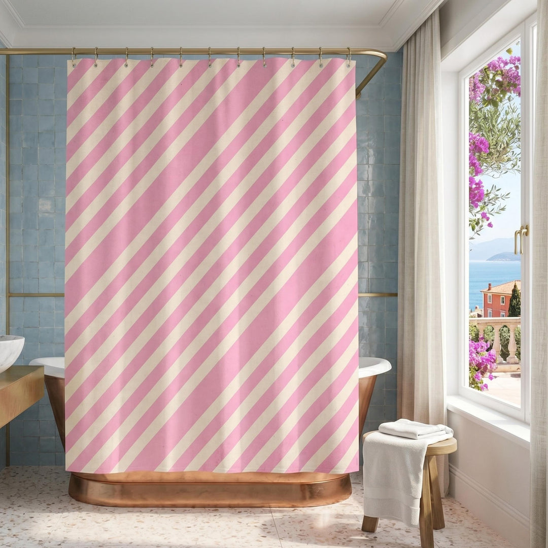 French Riviera Pink Striped Shower Curtain | Mediterranean Luxury Bathroom Decor