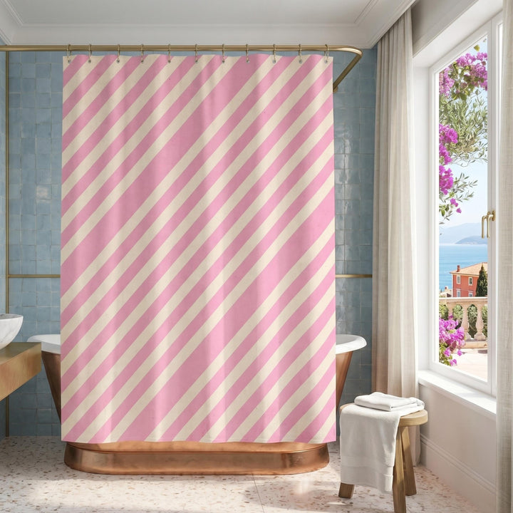 French Riviera Pink Striped Shower Curtain | Mediterranean Luxury Bathroom Decor